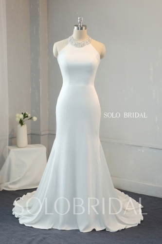 Ivory Crepe fit and flare wedding dress beaded halter neck 724A9993