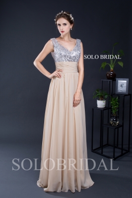 V neck Silver sequin chiffon lace up bridesmaid dress D162881