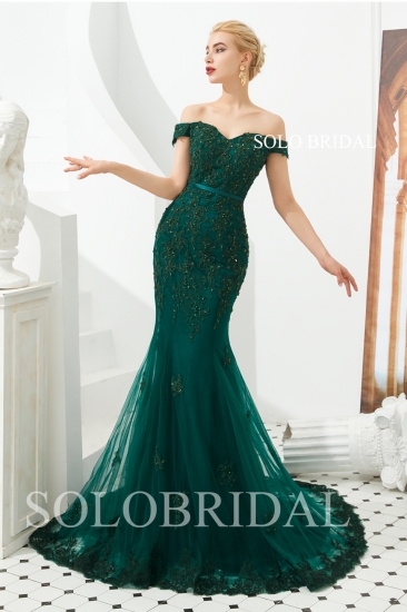 Malachite green fit and flare tulle proom dress M353381