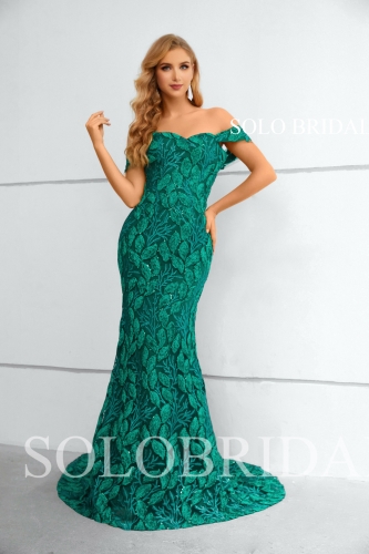 Green Sparkle Off Shoulder Sweetheart Fit and Flare Lady Lace Evening Dresses 3510861