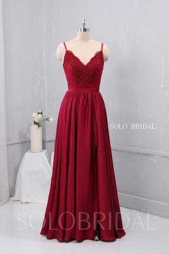V Neck Thin Straps Wine Red Silk like Chiffon Bridesmaid Dress 724A2486