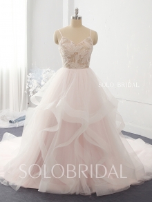 Blush pink ruffle skirt shiny lace beaded leaf lace wedding dress 724A3032a
