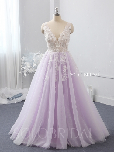 V neck 3D flower ivory and purple wedding dress 724A2293