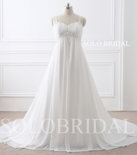 Ivory high waist a line thin straps lace up court train chiffon wedding dress E262831