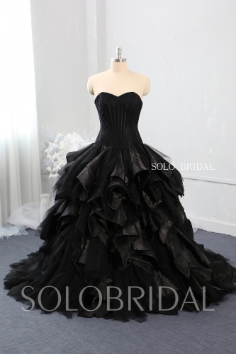black strapless sweetheart corset ruffle and embroidery ball gown sweep train wedding dress 724A7989