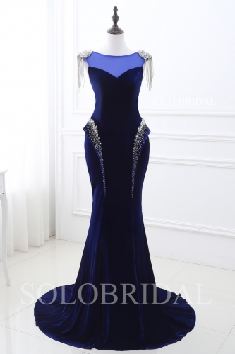 blue mermaid velvet fit and flare proom dress E222471