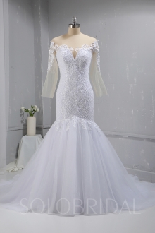 White Grid Lace Off Shoulder Long Sleeve Tulle Skirt Deep Neckline Wedding Dress 724A5060a