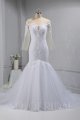 White Grid Lace Off Shoulder Long Sleeve Tulle Skirt Deep Neckline Wedding Dress 724A5060a