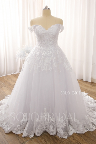 White V Neck Off Shoulder Tulle Ball Gown Corset Wedding Dress DPP_0064