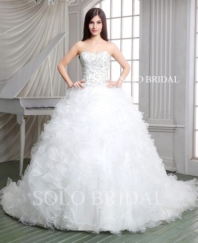 Ivory ball gown ruffle wedding dress chapel train embroidery bodice A55114