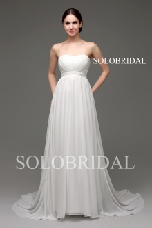 Ivory strapless pleated chiffon a line wedding dress sweep train B24249