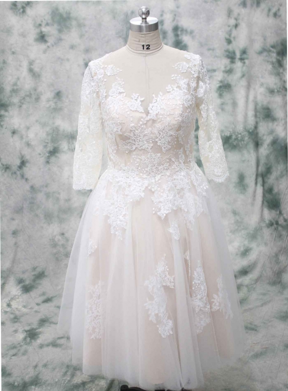 Tea Length 1850s Style Blush Color Wedding Dress With Sleeves Fb