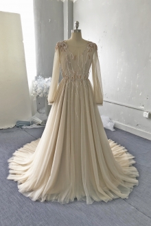 Champagne a line tulle wedding dress IMG_7952