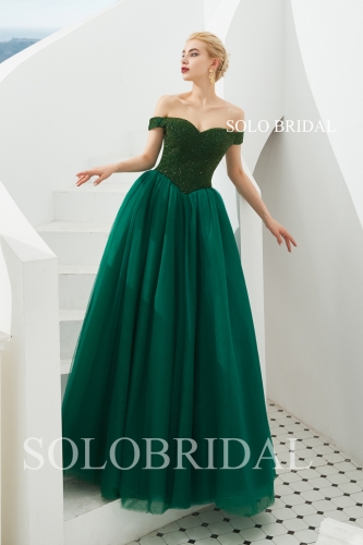 Green a line tulle off shoulder proom dress M383391