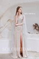 Champagne V Neck Wrap Shiny Slit Prom Dress T9310191