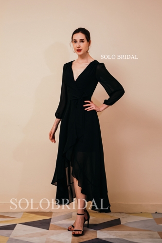 2021 women black high low slit chiffon bridesmaid dresses for wedding