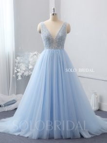 Sky blue V neck beaded top tulle wedding dress 724A2137