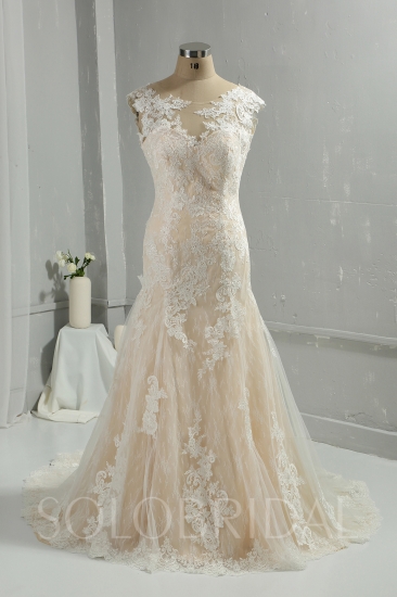 Sweetheart court train cotton lace off sleeves champagne wedding dress 724A6159a