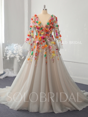 A line silver grey wedding dress with colorful 3D flowers 724A7071a