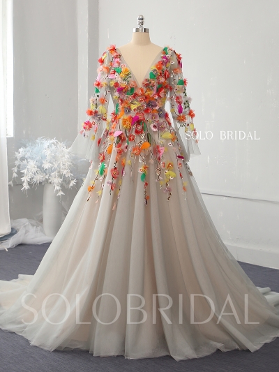 A line silver grey wedding dress with colorful 3D flowers 724A7071a
