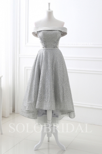 Strapless grey short front long back tea length proom dress E154251