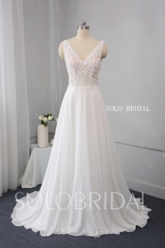 Ivory V neck chiffon wedding dress heavy beaded lace bodice 724A1349