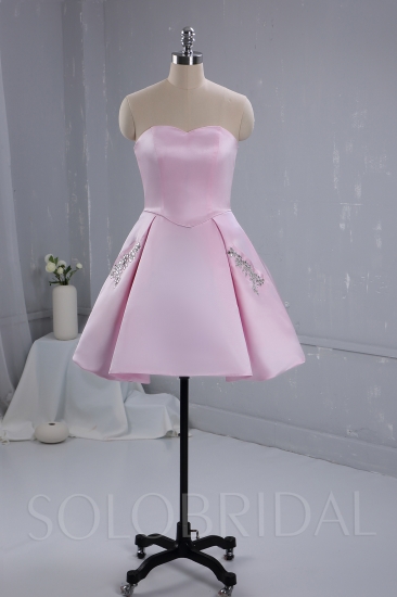 Pink Satin Knee Length Bridemaid Dress 724A3392a
