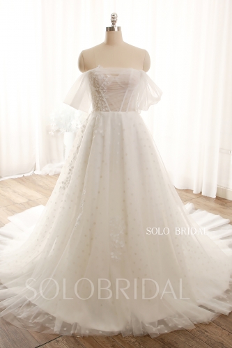 Ivory Straight Bustline Off Shoulder Dotted Tulle A Line Wedding Dress 724A9857