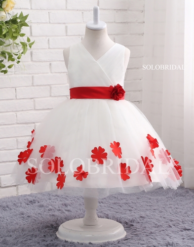 Ivory tutu flower girl dress with red flowers and belt A13812