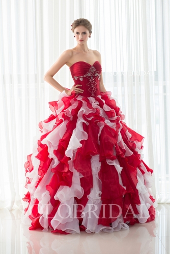 Sweetheart strapless lace up organza ruffle skirt ball gown proom dress D402851