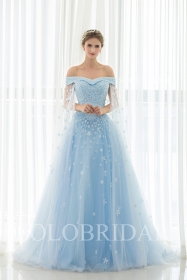 Sky blue strapless A line off shoulder lace up court train proom dress D505251...