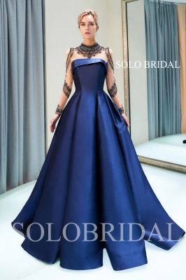 Blue satin beaded top proom dress J636951