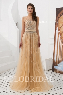 A line champagne tulle proom dress L823181