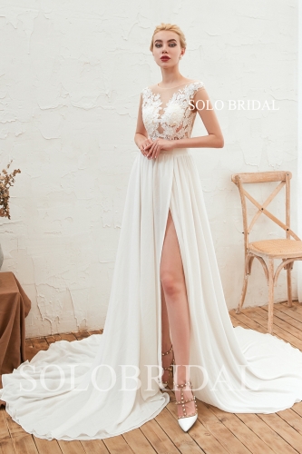 Ivory split chiffon V neck wedding dress M233471