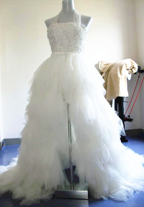 Lace Short Dress With Removable Train Ruffles Wedding Dresses