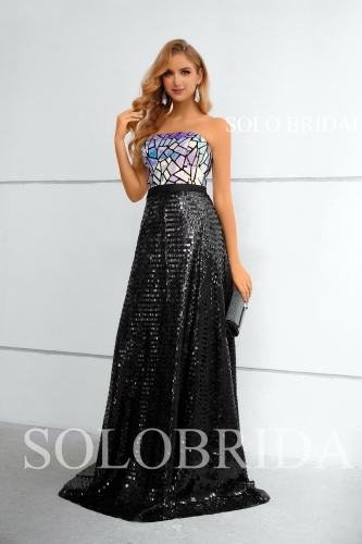 Black Sequin Strapless High Waist A line Evening Dress 3510941