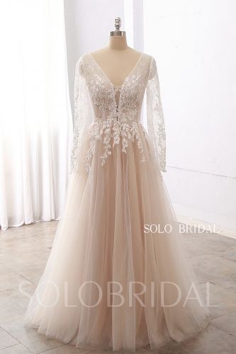 Champagne Blush A Line Long Sleeve Floor Lace Wedding Dress DPP_0030
