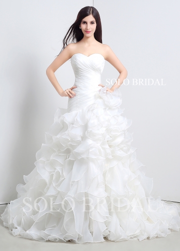 Ivory sweetheart strapless organza ruffle a line lace up court train wedding dress A36110