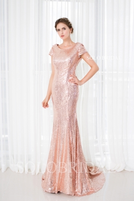 Blush pink sequin short sleeves fit and flare sweep train bridesmaid dress D182861