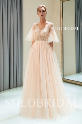 Tulle split beaded proom dress loose sleeves J546881