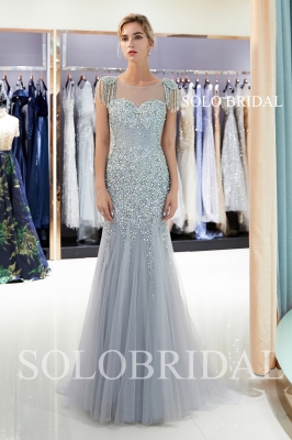 Grey luxury fit and flare tulle proom dress J716971