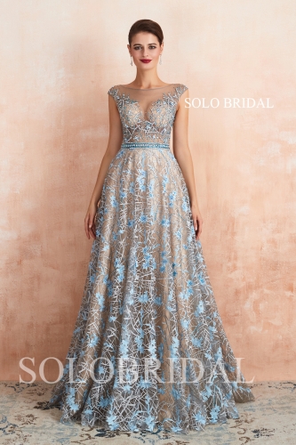 Beaded blue flower lace proom dress N673601