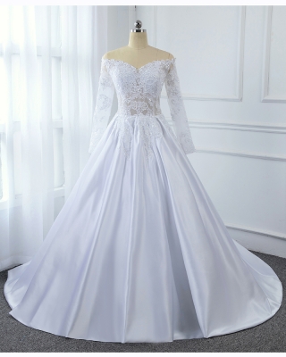 A Line Satin Transparent Sexy Lace Bodice with Long Sleeve Off Shoulder White Bridal Gown 5U7A2809
