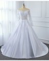 A Line Satin Transparent Sexy Lace Bodice with Long Sleeve Off Shoulder White Bridal Gown 5U7A2809