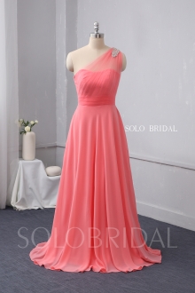 One shoulder watermelon red chiffon bridesmaid dress 724A9981