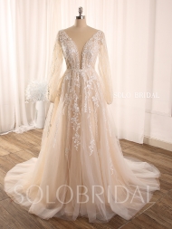 Champagne light floaty long sleeve lace tulle wedding dress 724A8942a...