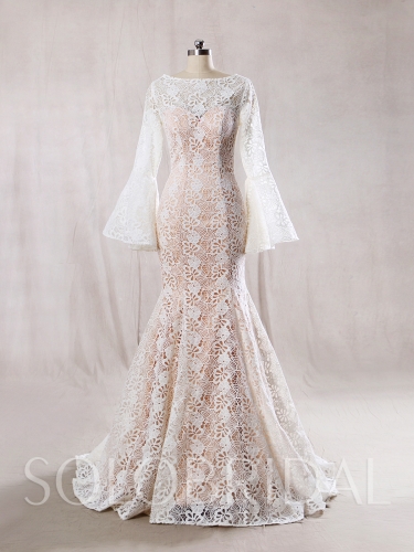 Ivory Lace with Blush Lining Wedding Dress Long Bell Sleeves Mermaid Dress 724A7814s