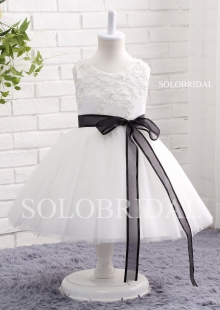 Ivory ball gown flower girl dress black belt A12808
