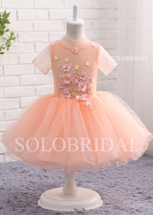 Peach tulle and organza flower girl dress collar and sleeves A14805