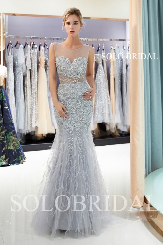 Grey fit and flare heavy beadwork proom dress J946961